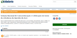 Semana Nacional de Conscientização e Celebração em torno da relevância da Questão do Acre https://www12.senado.leg.br/ecidadania/visualizacaoideia?id=106705