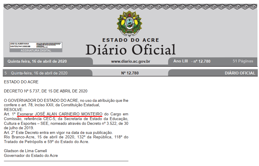 Decreto nº 5.737, edição 12.780, Diário Oficial do Estado, fls. 05.